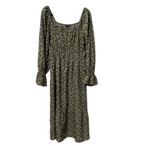 VERY J DRESS FLORAL OLIVE GREEN SQUARE NECK MAXI LINED BOHO PEASANT FEMININE NWT